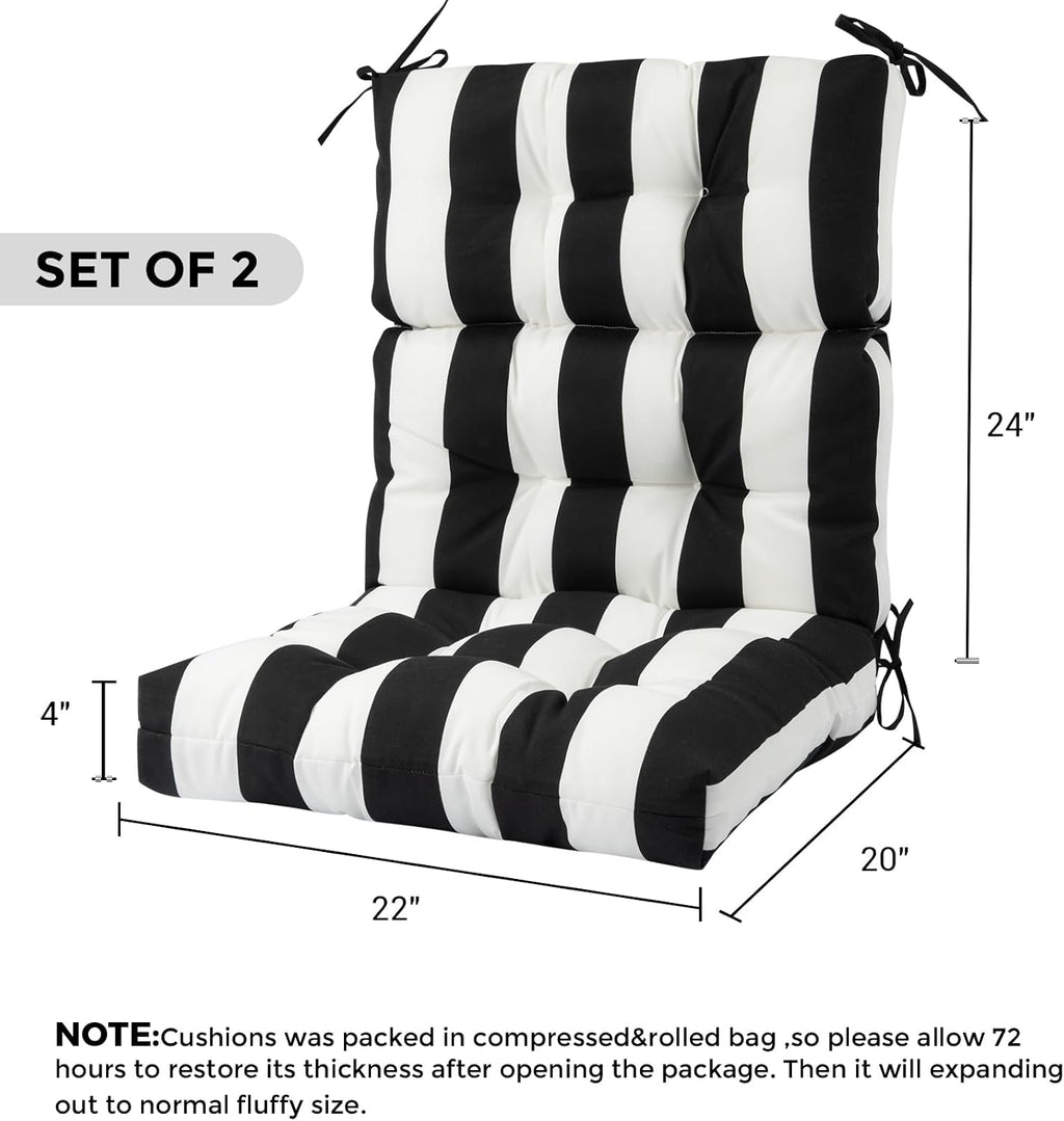 Outdoor High Back Chair Cushions Set of 2,Reversible Lawn Chair Cushion 44 x22 inch,Water Resistant Tufted Adirondack Chair Cushion,for Garden Rocking Chair,Patio Furniture(Black White Stripe)