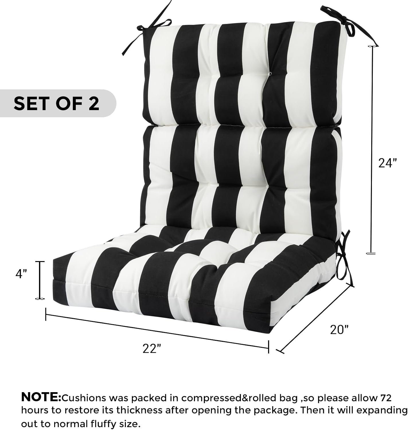 Outdoor High Back Chair Cushions Set of 2,Reversible Lawn Chair Cushion 44 x22 inch,Water Resistant Tufted Adirondack Chair Cushion,for Garden Rocking Chair,Patio Furniture(Black White Stripe)