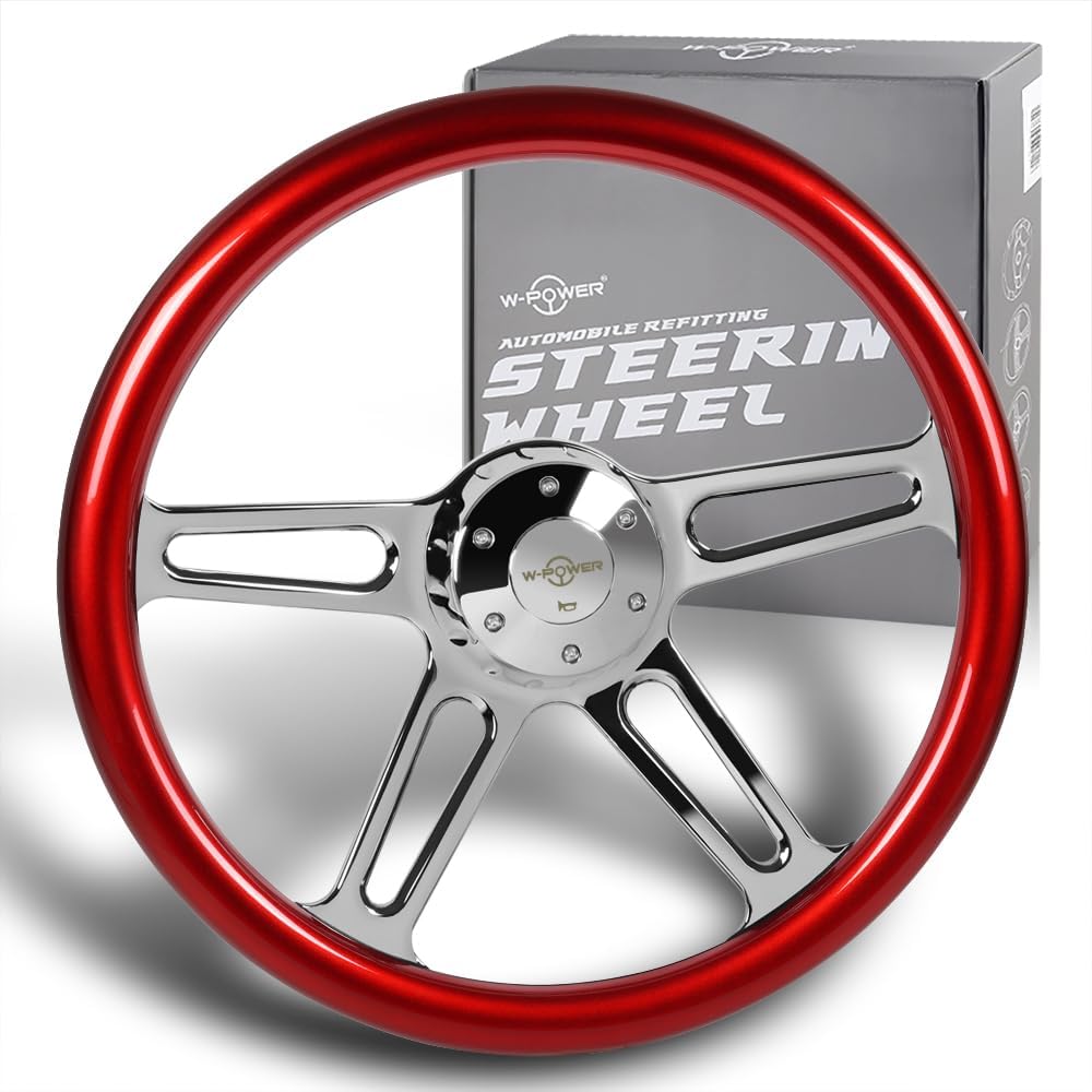 18' Universal 457mm 5 Bolt Hole 2 Inches Deep, Vintage Style Wood Grip Steering Wheel with Hub Adapter Compatible with T04 Kenworth, Peterbilt All Models (Red Wood Grip)