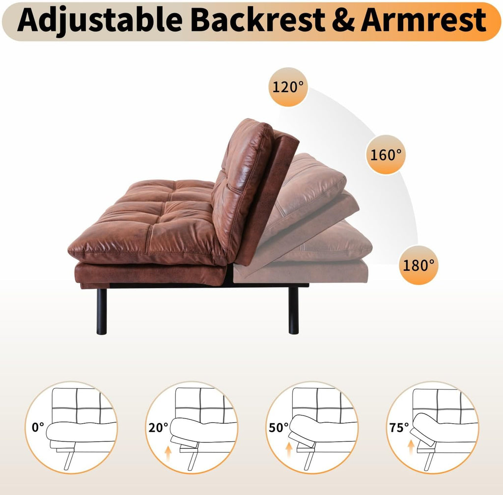 MUUEGM 71' Futon Sofa Bed, Modern Convertible Loveseat Sleeper, Faux Leather Couch with Adjustable Back & Arms for Small Spaces, Office & Apartment - Chocolate