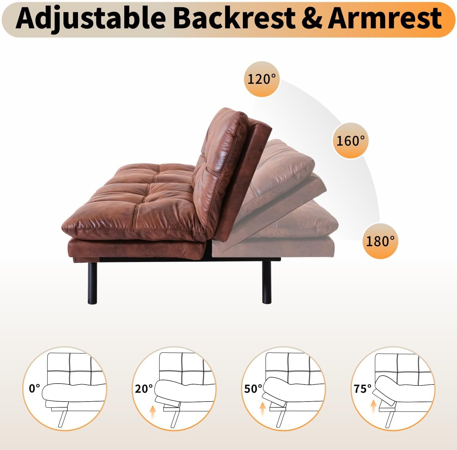 MUUEGM 71' Futon Sofa Bed, Modern Convertible Loveseat Sleeper, Faux Leather Couch with Adjustable Back & Arms for Small Spaces, Office & Apartment - Chocolate