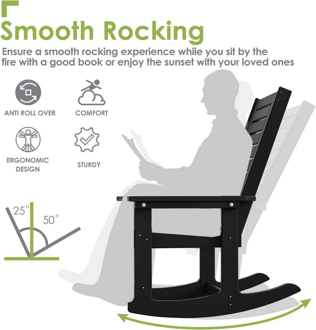 GREENVINES Oversized Rocking Chair, All Weather Resistant Outdoor Indoor Fade-Resistant Patio Rocker Chair，Stable Durable Smooth Rocking, Comfortable Easy to Maintain, Load Bearing 350 lbs (Black)