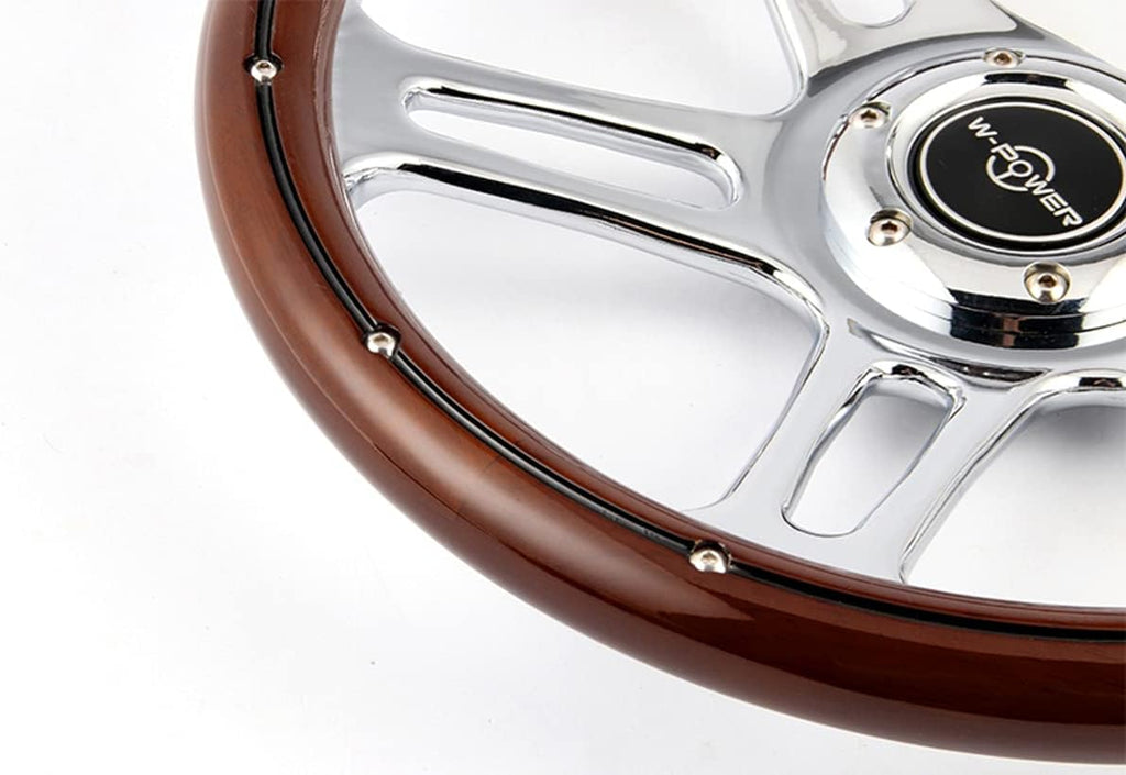 W-Power, 14' Universal 350mm 6 Bolt Hole Vintage Style with Aluminum Polished Dark Wood Grip Steering Wheel, Black Horn Button, Chrome 4-Spoke