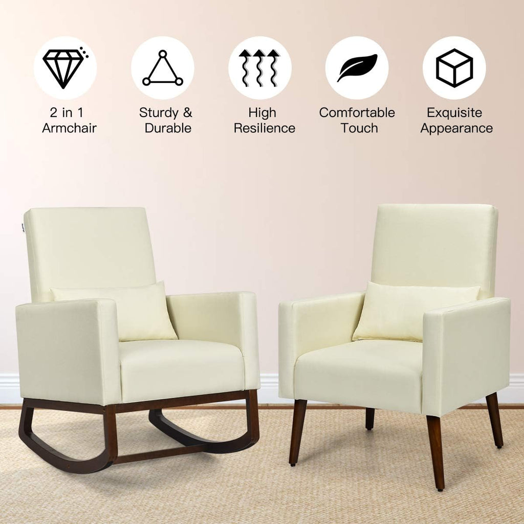 Giantex Set of 2 Rocking Chair Fabric High Back Armchair with Waist Pillow,Wooden Tapered & Rocking Dual Legs Multifunctional Upholstered Accent Chair for Nursery, Living Room, Bedroom Rocker,Beige