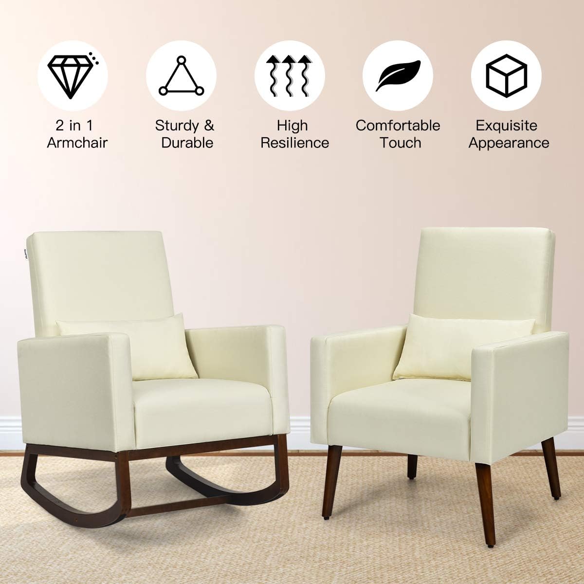 Giantex Set of 2 Rocking Chair Fabric High Back Armchair with Waist Pillow,Wooden Tapered & Rocking Dual Legs Multifunctional Upholstered Accent Chair for Nursery, Living Room, Bedroom Rocker,Beige