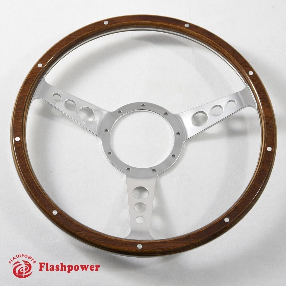 15'' Classic Wood Steering Wheel 9 Rivets with Horn Button