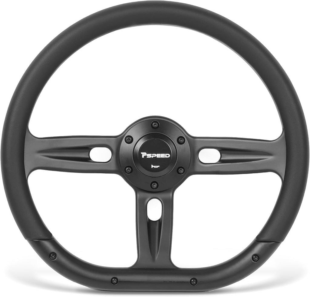 14 inch D-shaped steering wheel,6 Bolt 3 Spokes Deep Dish 50mm with Aluminum Alloy Matte Black Spokes Black Leather Grip for Cars, for Racing Car, Classic Car steering wheel