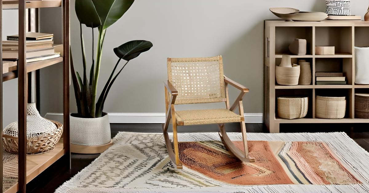 TeakCraft Teak Rocking Chair with Rattan Seat for Adults, Indoor & Outdoor Rocking Chair, Accent Chair, Durable for Patio, Porch, Garden, Living Room, Nursery, Balcony, All Season, The Alinda