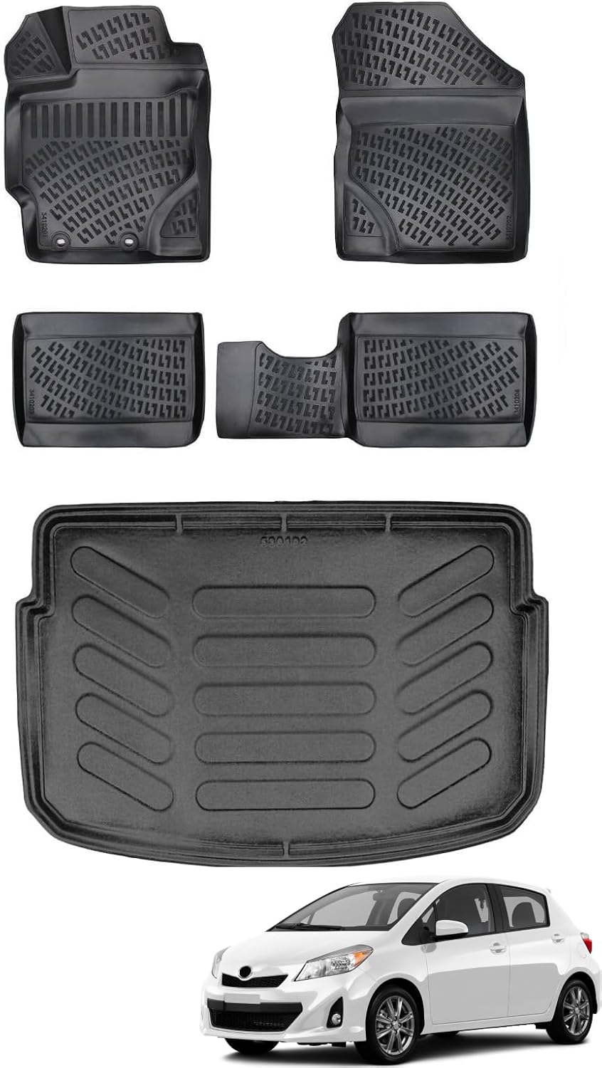 Car Floor Mats + Cargo Liner Compatible for Toyota Yaris 2013-2019 Black | Front & Rear Full Set Trunk Mat with Floor Mats | Waterproof | All Weather | High Tech Mat | Car Accessories