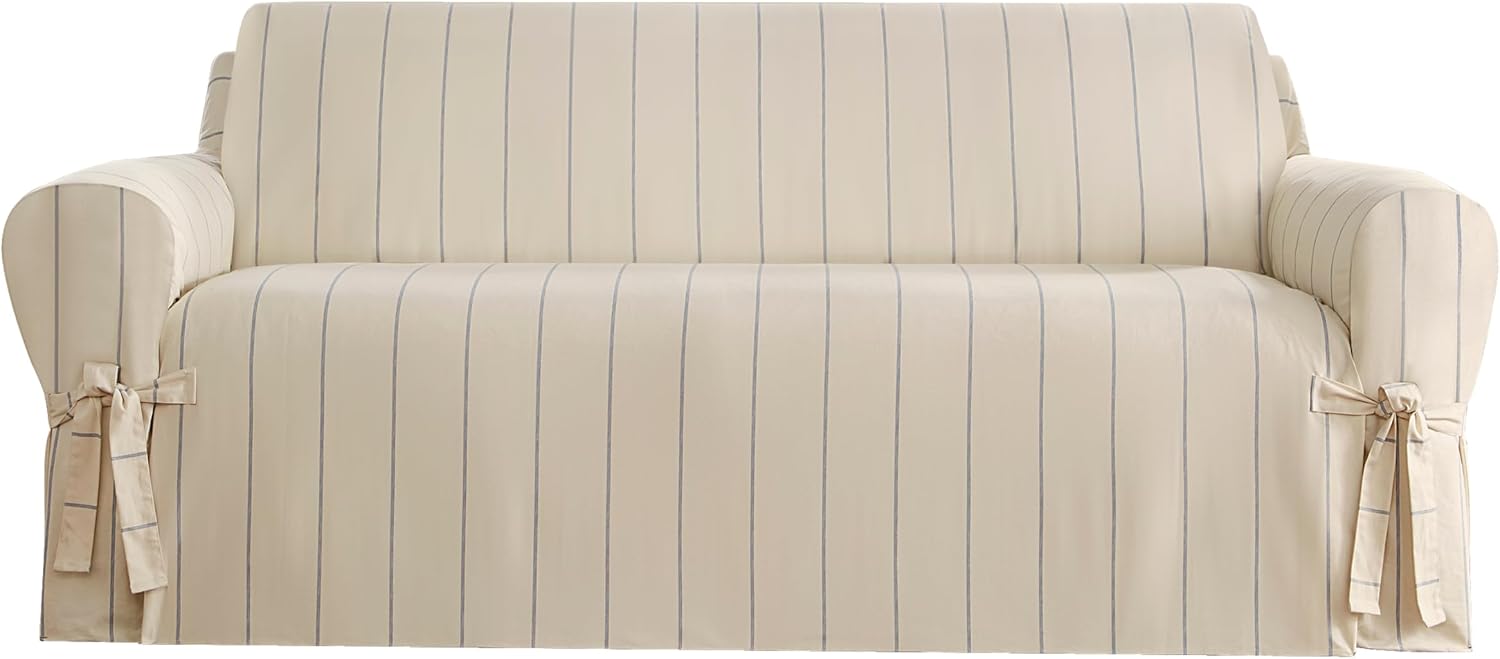 SureFit Heavyweight Cotton Duck Sofa Slipcovers, Printed Heavyweight Cotton Sofa Cover, One Piece Design, Couch Cover with Seat Elastic and Adjustable Corner Ties, Natural with Blue Stripe