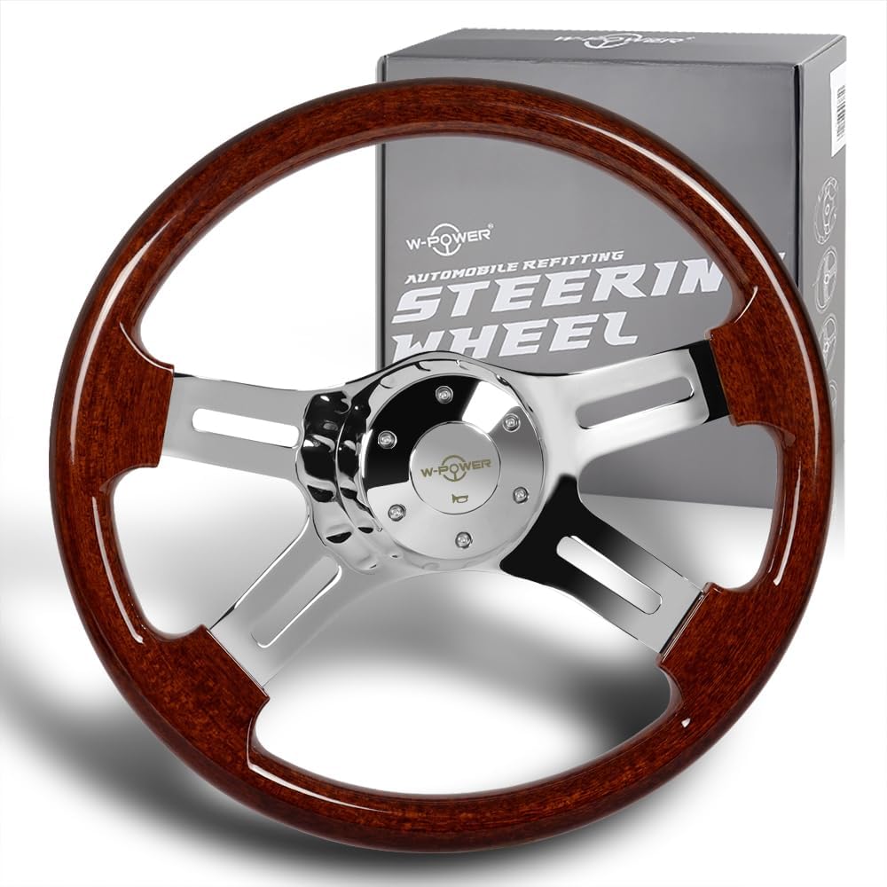 W-Power, 16' Universal 406mm 5 Bolt Hole 2 Inches Deep with Aluminum Polished Vintage Style Wood Grip Steering Wheel, Chrome Horn Button (Dark Wood Grip/Chrome Spokes)