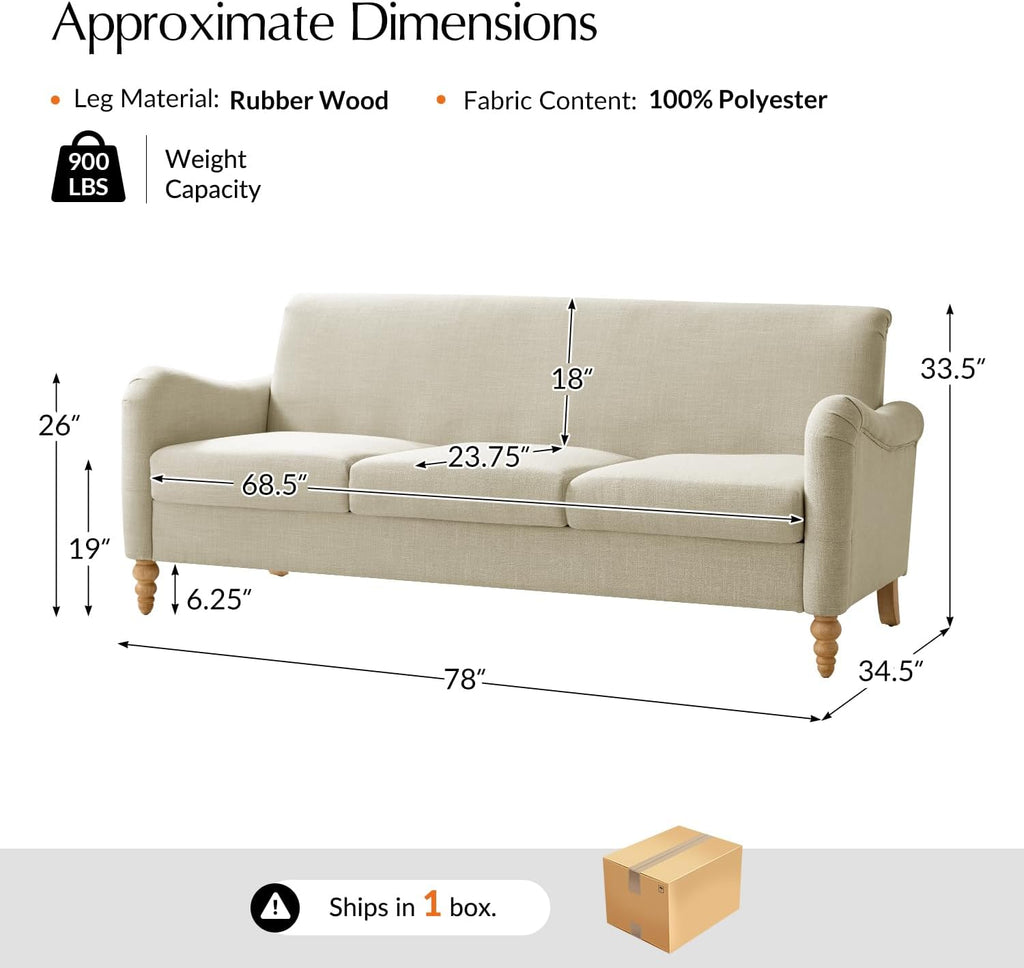 HULALA HOME Farmhouse Curved Couch with Solid Wood Spindle Legs, 3 Seater Sofa with Rolled Wide Armrests, Comfy Upholstered Sofa for Living Room Bedroom, Linen