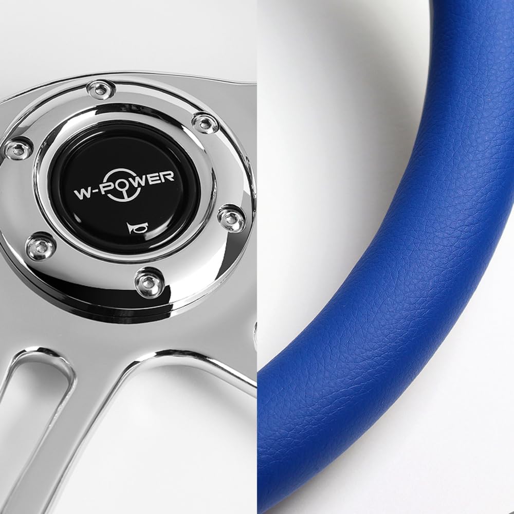 W-Power, 14' Universal 350mm 6 Bolt Hole Vintage Style with Aluminum Polished Special Leather Grip Steering Wheel, Black Horn Button, 4-Spoke (Blue Leather/Chrome Spoke)