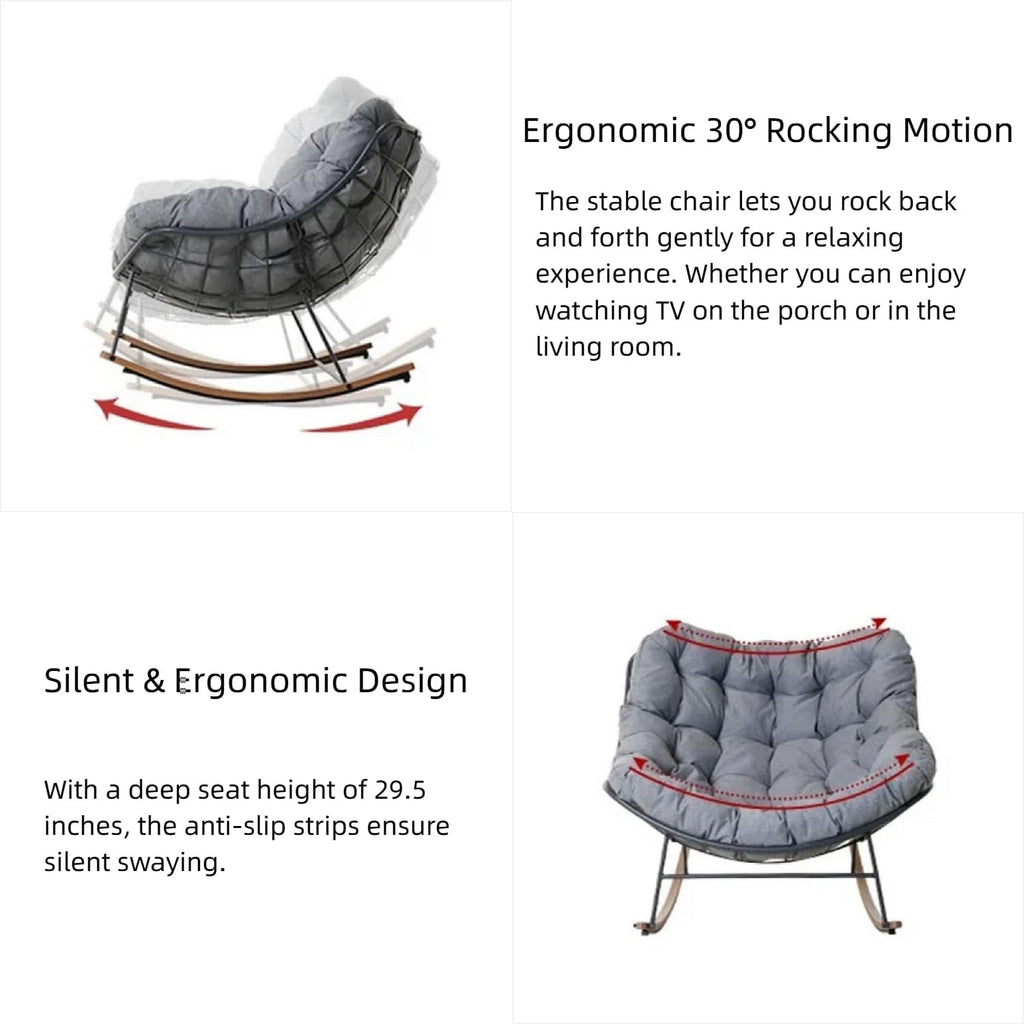 Outdoor Papasan Rocking Chair with Cushion for Patio Porch Balcony, Oversized Cozy Lounge Rocker Chair, All Weather Durable Frame, Comfortable Rocking Chair for Backyard Garden, Gray
