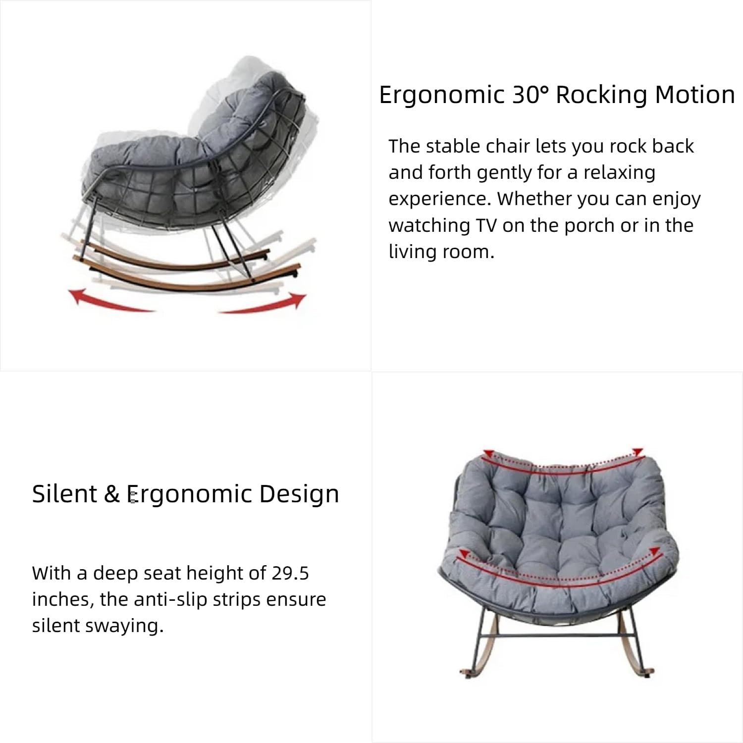 Outdoor Papasan Rocking Chair with Cushion for Patio Porch Balcony, Oversized Cozy Lounge Rocker Chair, All Weather Durable Frame, Comfortable Rocking Chair for Backyard Garden, Gray