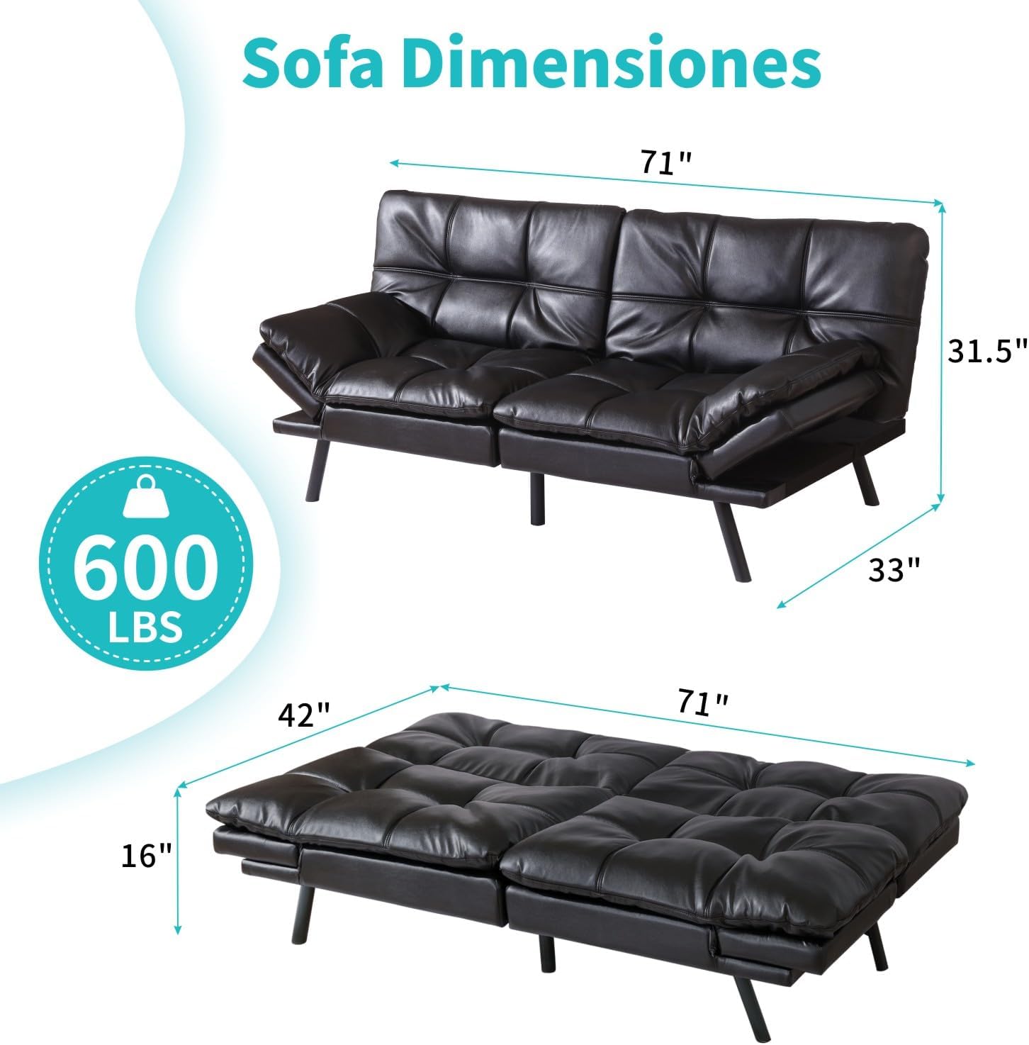71' Convertible Futon Sofa Bed, Multi-Position Adjustable Back & Arms, Space-Saving Comfortable Sleeper Couch, Modern Loveseat for Urban Apartments & Offices – Black