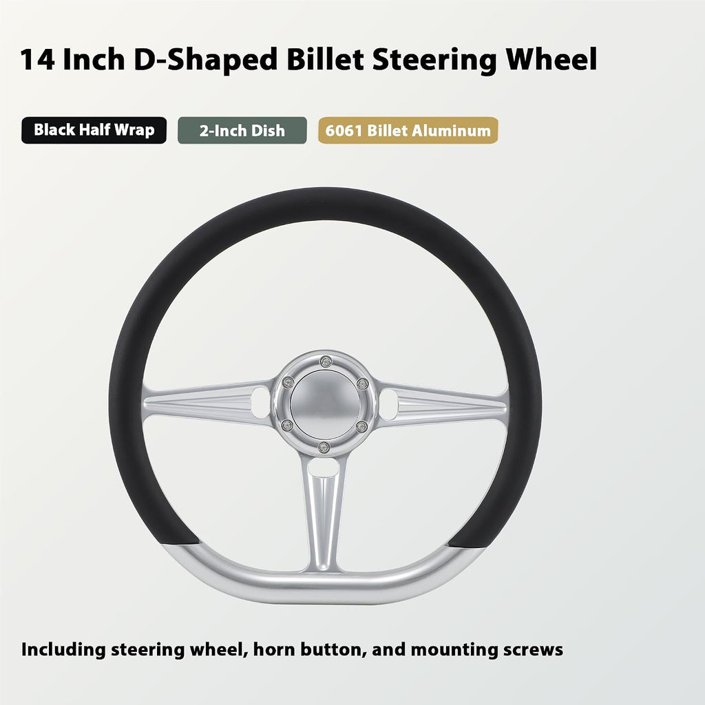 14' Satin Billet Steering Wheel with Half Wrap and Horn Button (Black)