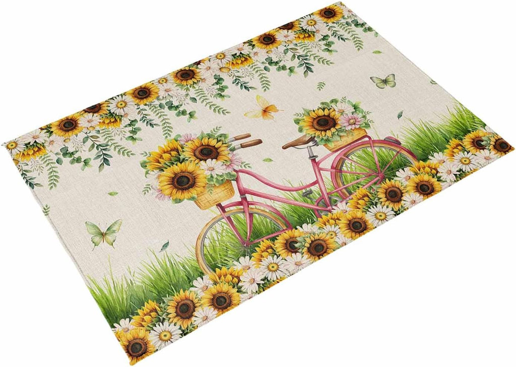 Spring Outdoor Rug for Patio/Deck/Porch, Non-Slip Large Area Rug 4 x 6 Ft, Bicycles Botanical Sunflowers Leaves Butterfly Indoor Outdoor Rugs Washable Area Rugs, Reversible Camping Rug Carpet Runner
