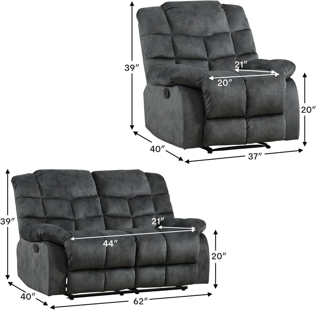 CANMOV Manual Reclining Sofa Set,2 Pieces Sofa Furniture Set for Living Room, Manual Recliner Chair and Recliner Loveseat with Arms for Living Room, Bedroom, Grey(1+2)
