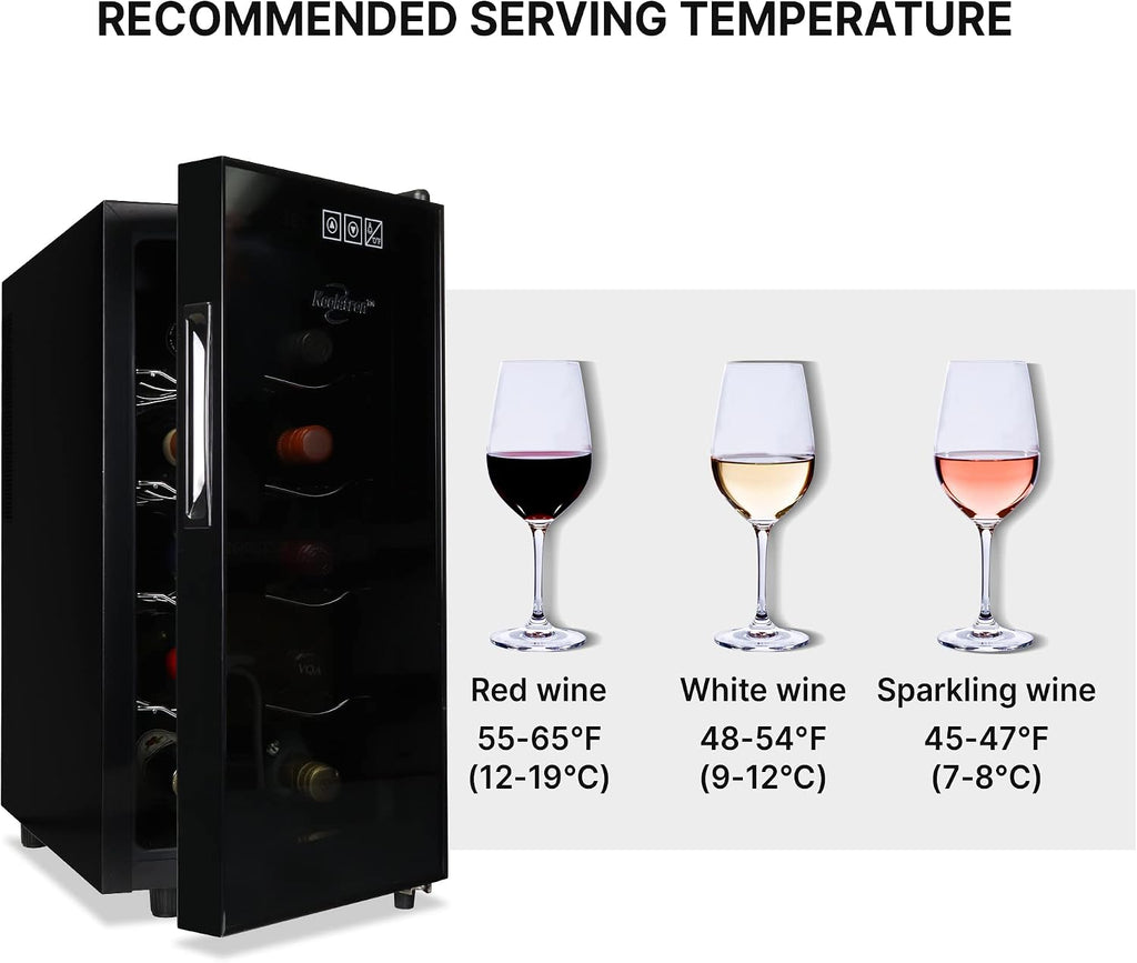 Koolatron Wine Fridge - Wine Cooler, 10 Bottle Wine Cabinet for Champagne, Red, White Wine, Thermoelectric Freestanding Celler For Bar, Home, Kitchen, Paned Glass Door