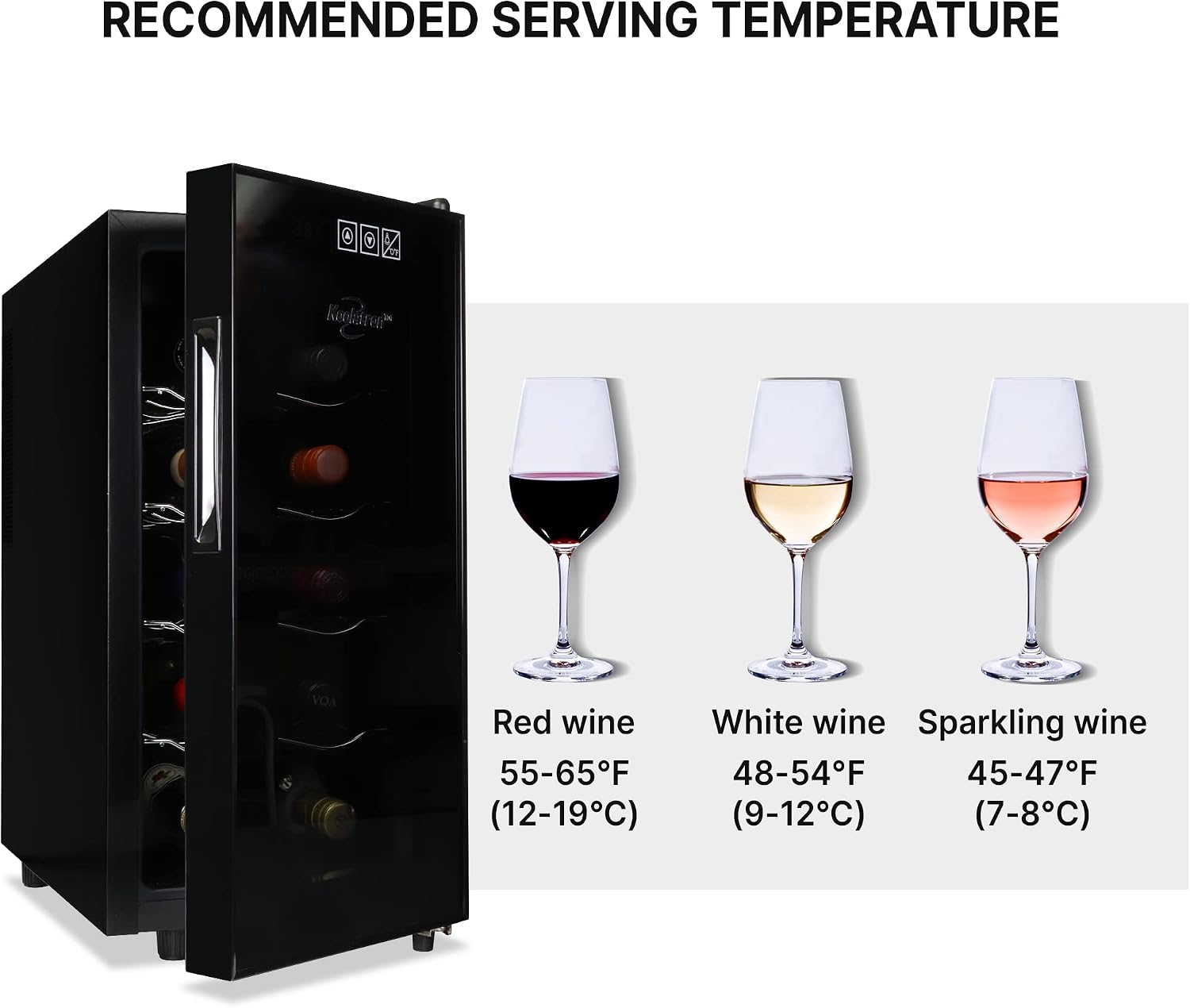 Koolatron Wine Fridge - Wine Cooler, 10 Bottle Wine Cabinet for Champagne, Red, White Wine, Thermoelectric Freestanding Celler For Bar, Home, Kitchen, Paned Glass Door