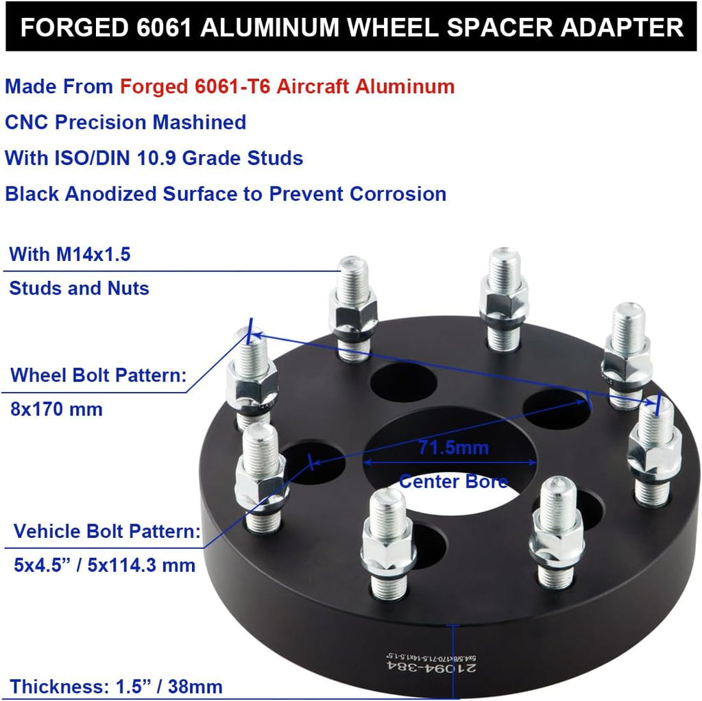 Black Forged 5x4.5 to 8x170 Wheel Adapters 1.5 Inch 14x1.5 Studs Compatible with Jeep-Ford-Dodge-Honda-Toyota-Lexus 5 Lug to 8 Lug Adapter (Adapt 8x170 Wheels on 5x114.3 Vehicle) - Pack of 4