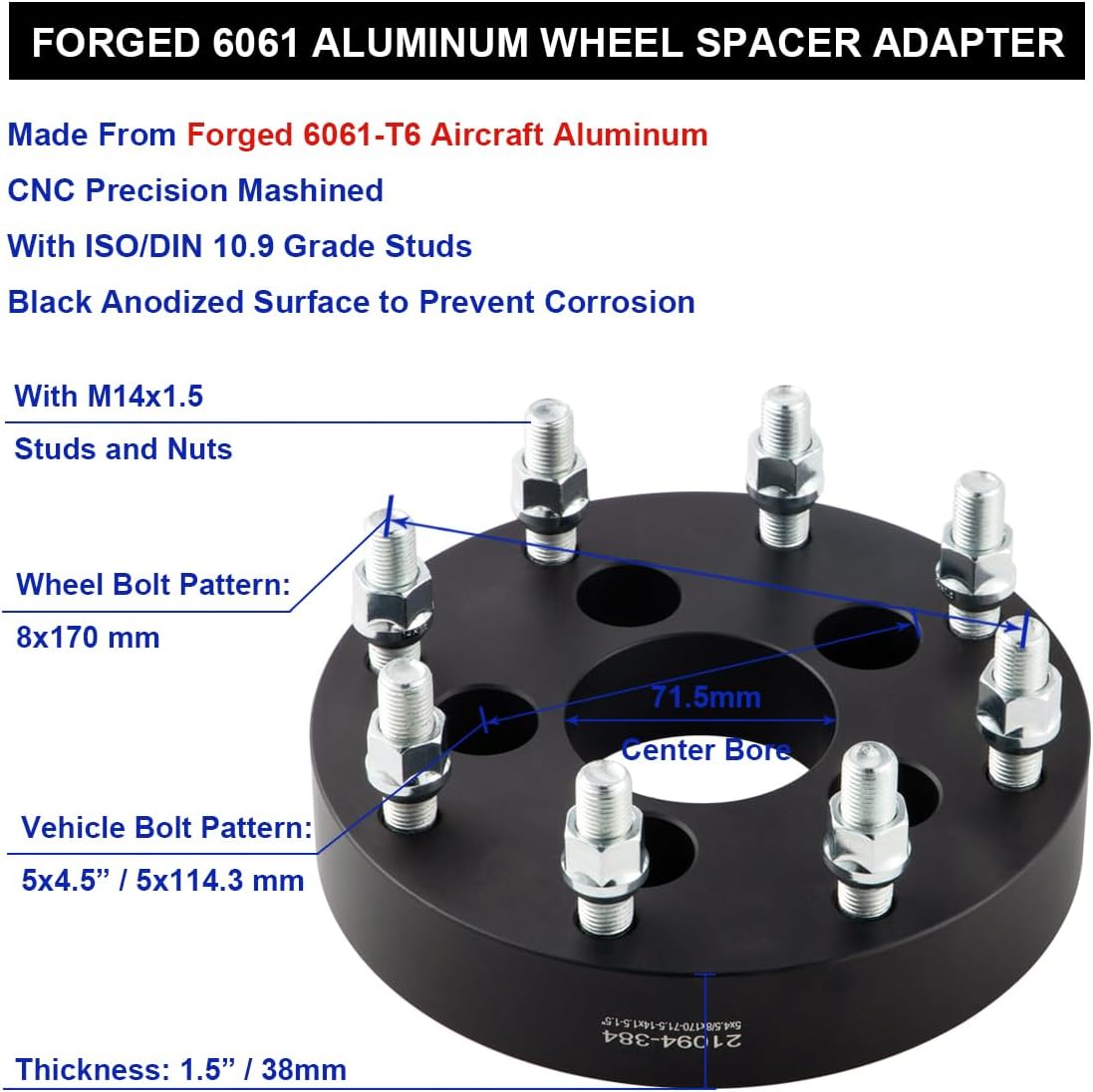 Black Forged 5x4.5 to 8x170 Wheel Adapters 1.5 Inch 14x1.5 Studs Compatible with Jeep-Ford-Dodge-Honda-Toyota-Lexus 5 Lug to 8 Lug Adapter (Adapt 8x170 Wheels on 5x114.3 Vehicle) - Pack of 4
