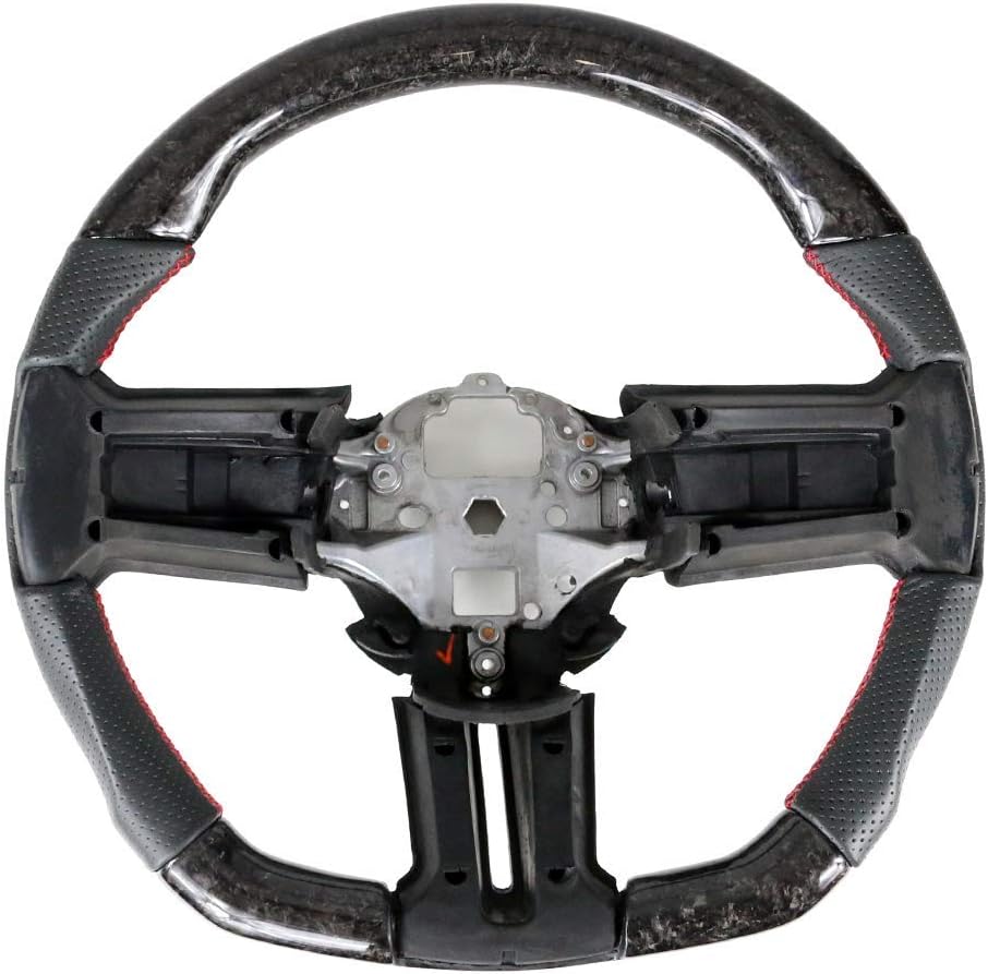 IKON MOTORSPORTS, Steering Wheel Compatible With 2010-2014 Ford Mustang, Black Forged Carbon Fiber & Perforated Leather Steering Wheel Brushed Kit With Red Stitching, 2011 2012 2013