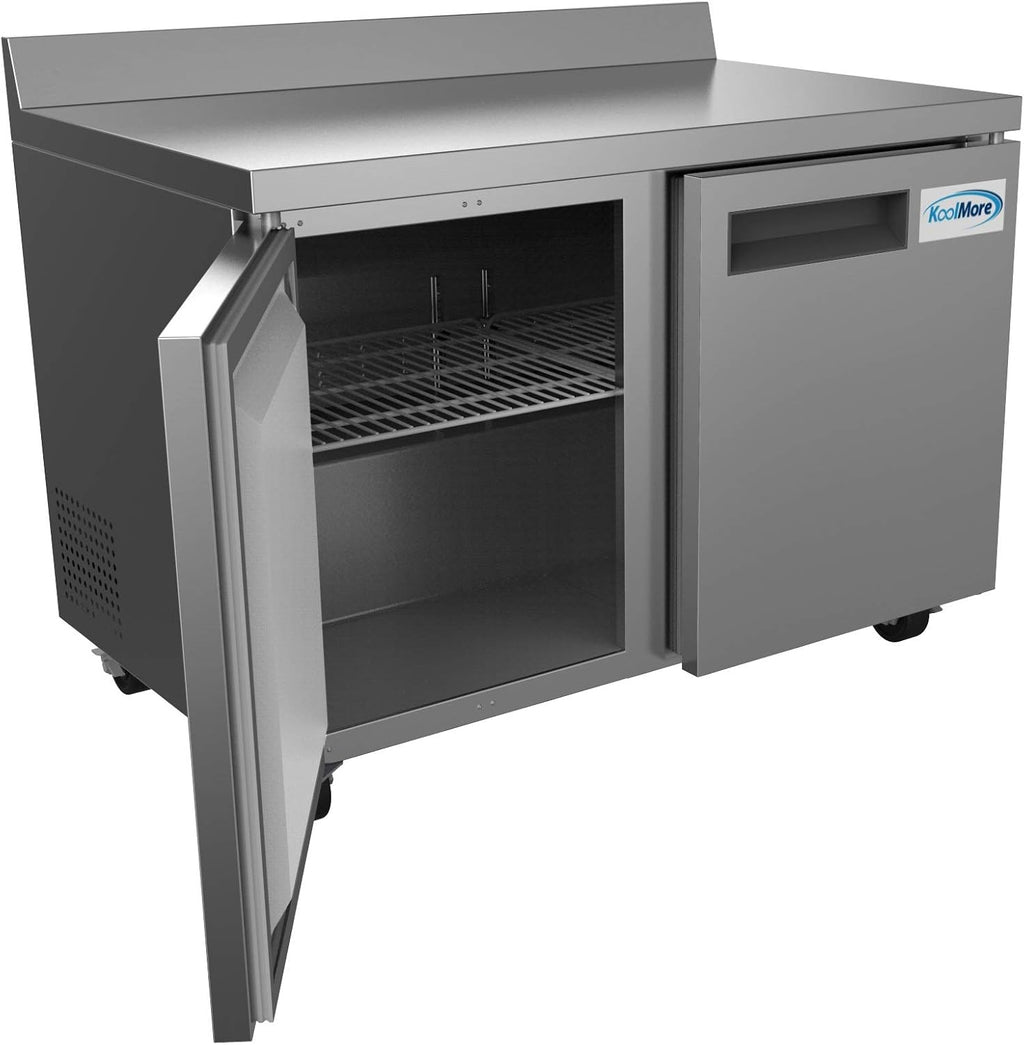 KoolMore 48' Stainless Steel 2 Door Worktop Commercial Freezer with 3 1/2 Backsplash - 12 cu.ft