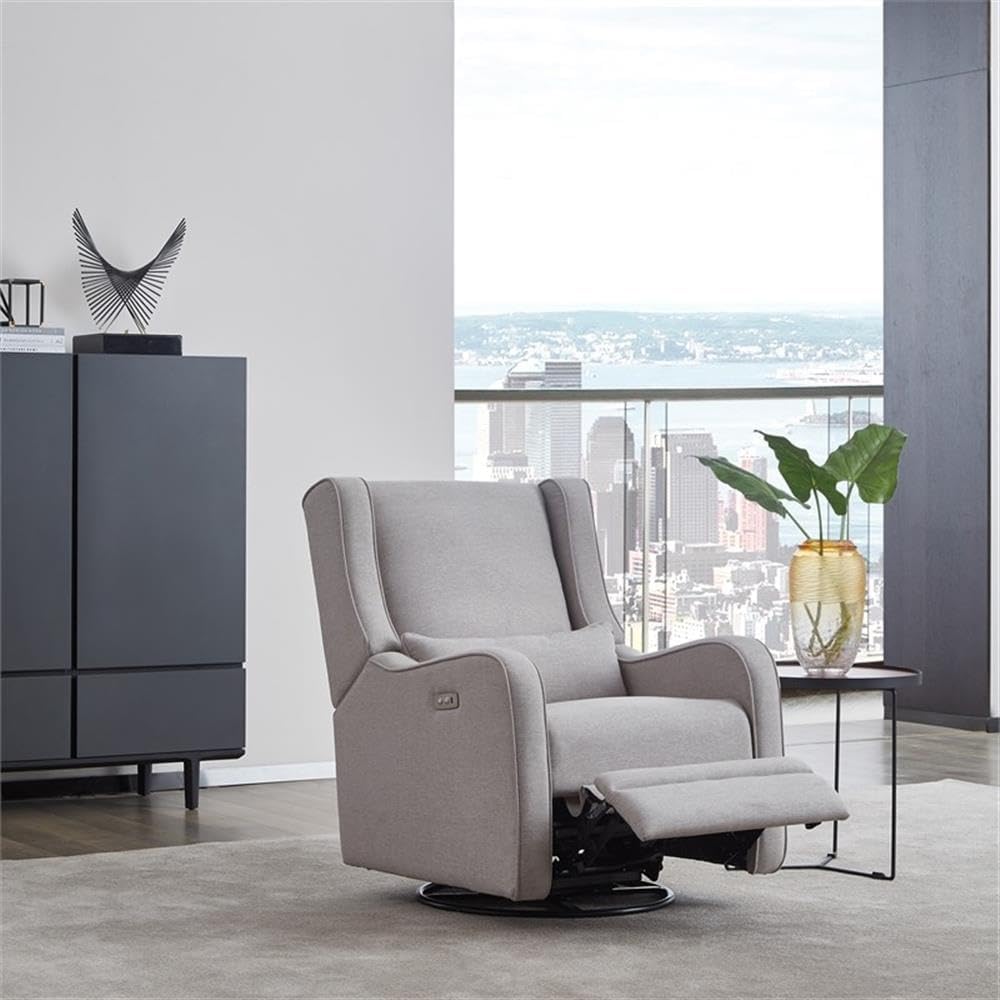 Pemberly Row Premium Fabric Glider Power Recliner Nursery Rocking Chair for Living Room, Kids Room, Rocker Swivel Recliner with USB Port in Pearl River Gray
