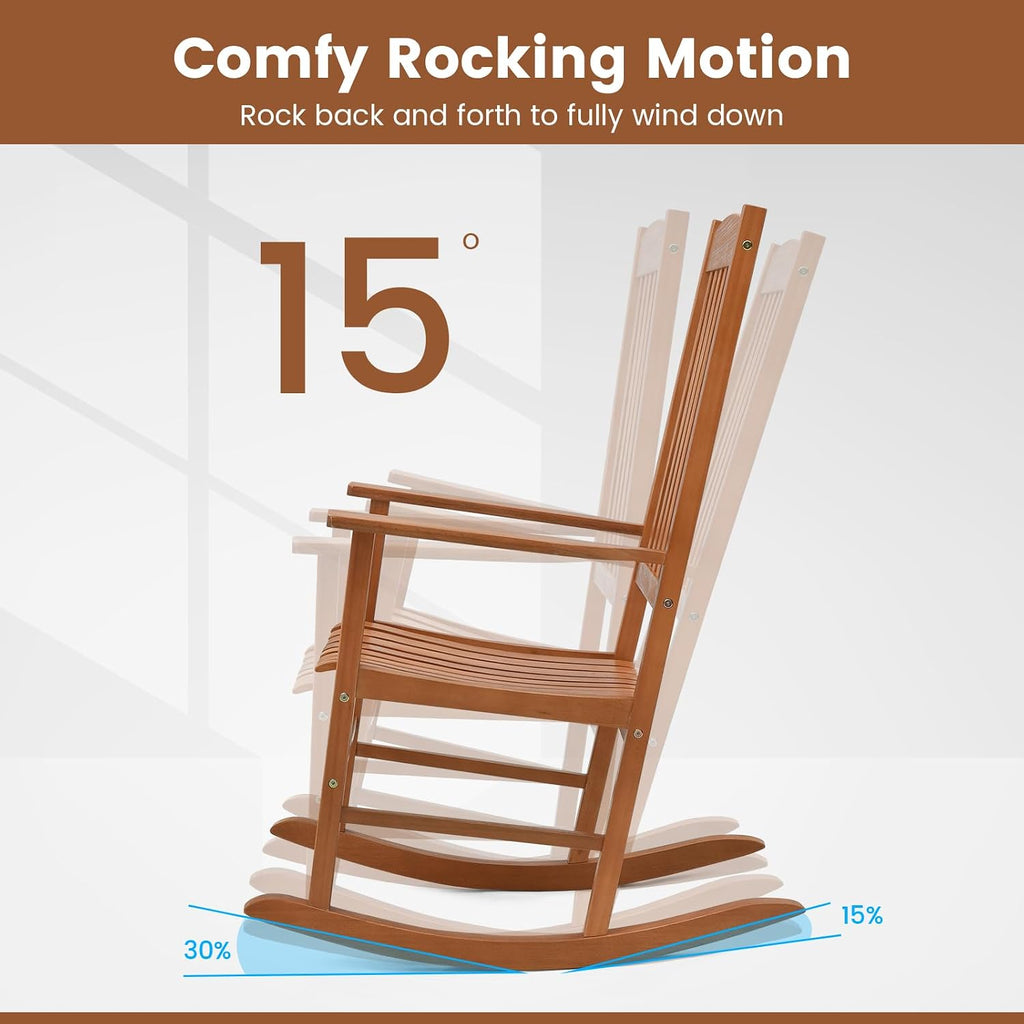 Tangkula Patio Rocking Chair with 400 lbs Weight Capacity, Eucalyptus Wood Porch Rocker with High Back, Patio Rocker Chair for Indoor and Outdoor Use (2)