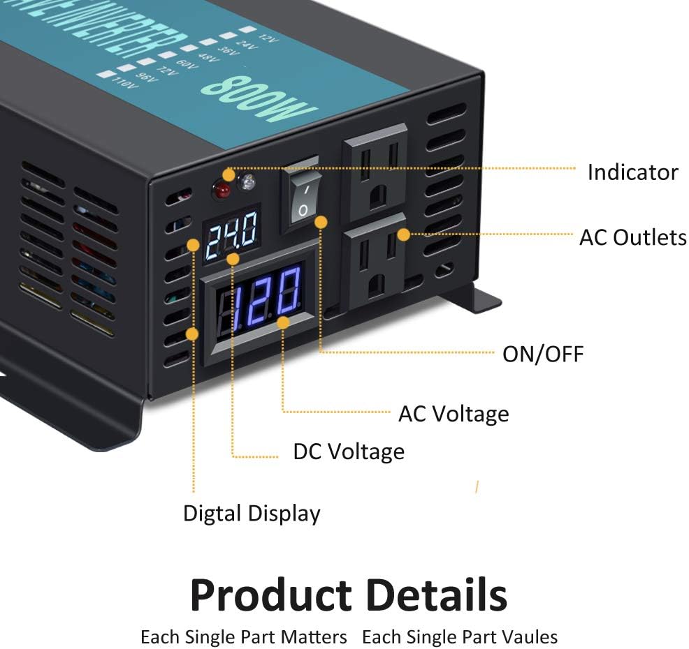 WZRELB Backup Power Off Grid Pure Sine Wave Inverter 800W 24Vdc to 120Vac 60Hz USA Outlets Power Converter, (RBP80024B1)