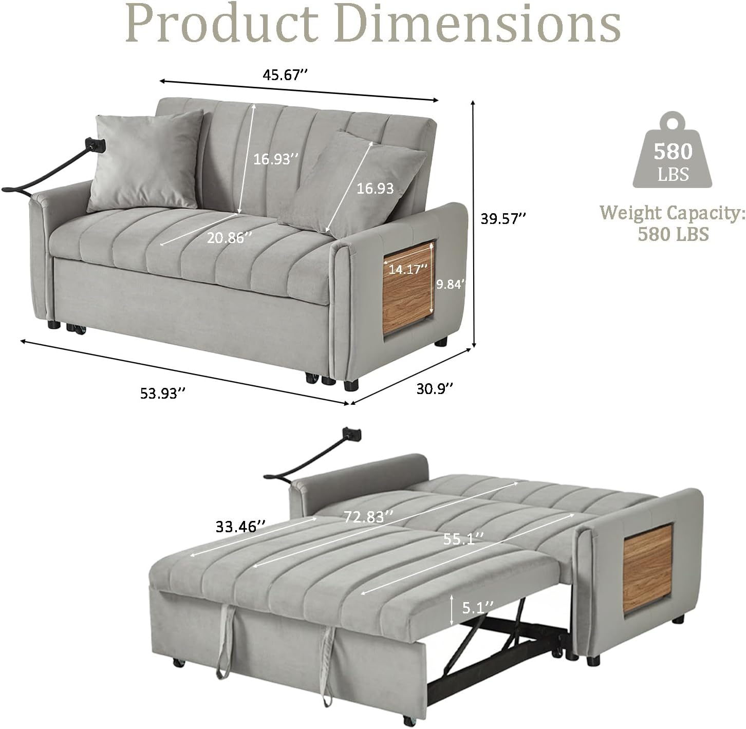 Convertible Sofa Bed, Pull Out Couch with 3-Position Reclining Backrest, Modern Velvet Upholstery Futon Sofa Bed, Loveseat Couch for Living Room, Apartments & Guest Rooms (Grey-2)