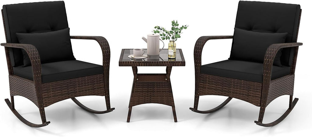HAPPYGRILL 3 Piece Outdoor Rocking Bistro Set, Rattan Wicker Rocking Chairs with Tempered Glass Coffee Table, Rocker Chairs Set with Cushions & Pillows, for Backyard, Porch, Poolside (Black)