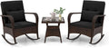 HAPPYGRILL 3 Piece Outdoor Rocking Bistro Set, Rattan Wicker Rocking Chairs with Tempered Glass Coffee Table, Rocker Chairs Set with Cushions & Pillows, for Backyard, Porch, Poolside (Black)