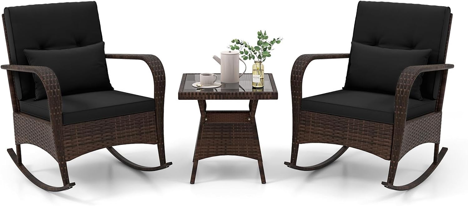 HAPPYGRILL 3 Piece Outdoor Rocking Bistro Set, Rattan Wicker Rocking Chairs with Tempered Glass Coffee Table, Rocker Chairs Set with Cushions & Pillows, for Backyard, Porch, Poolside (Black)
