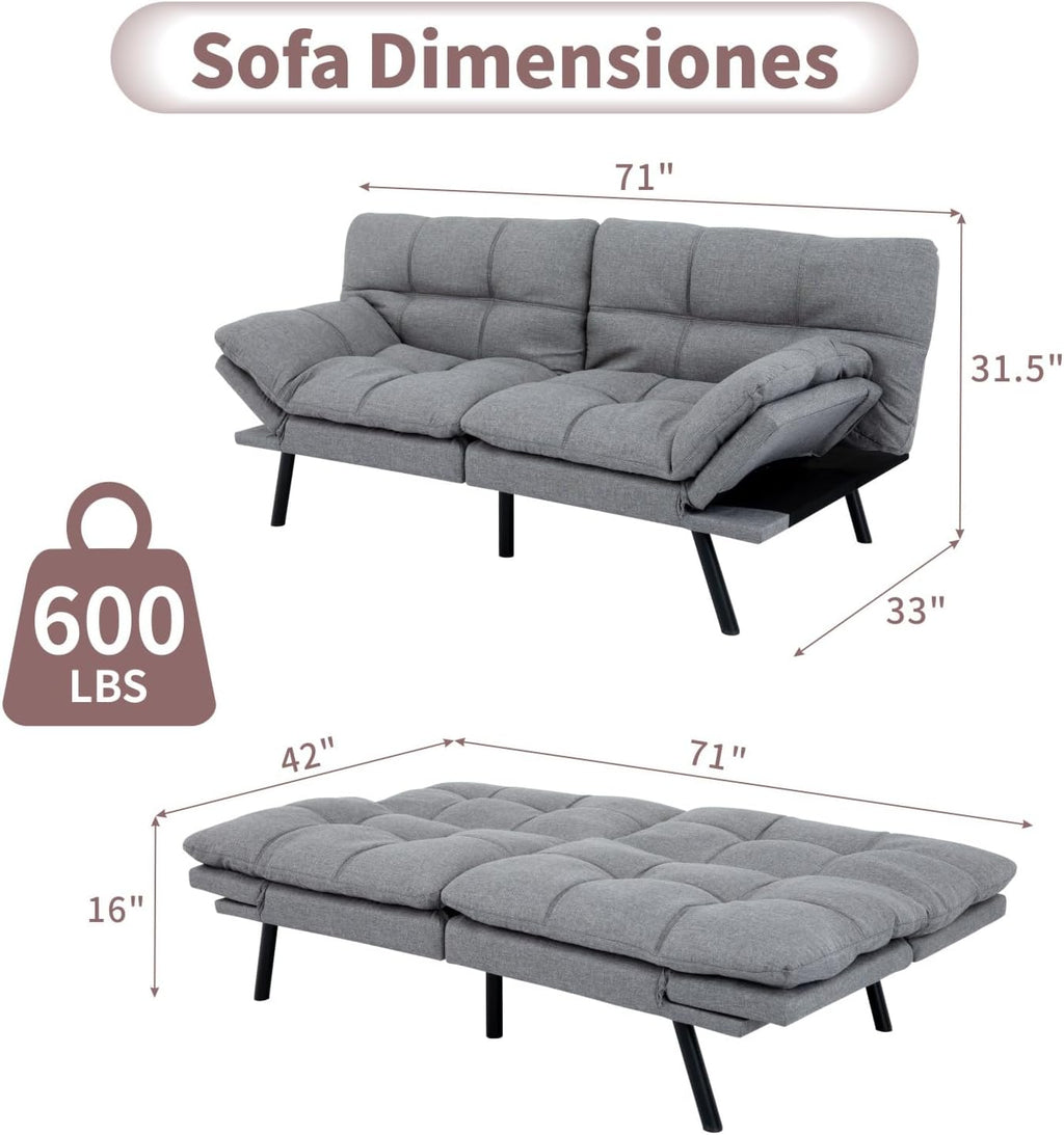 Opoiar 71-Inch Adjustable Futon Sofa Bed, Convertible Sleeper Couch with Split-Back Design for Personalized Comfort, Modern Loveseat Futon for Living Room & Small Spaces, Linen, Ash Gray