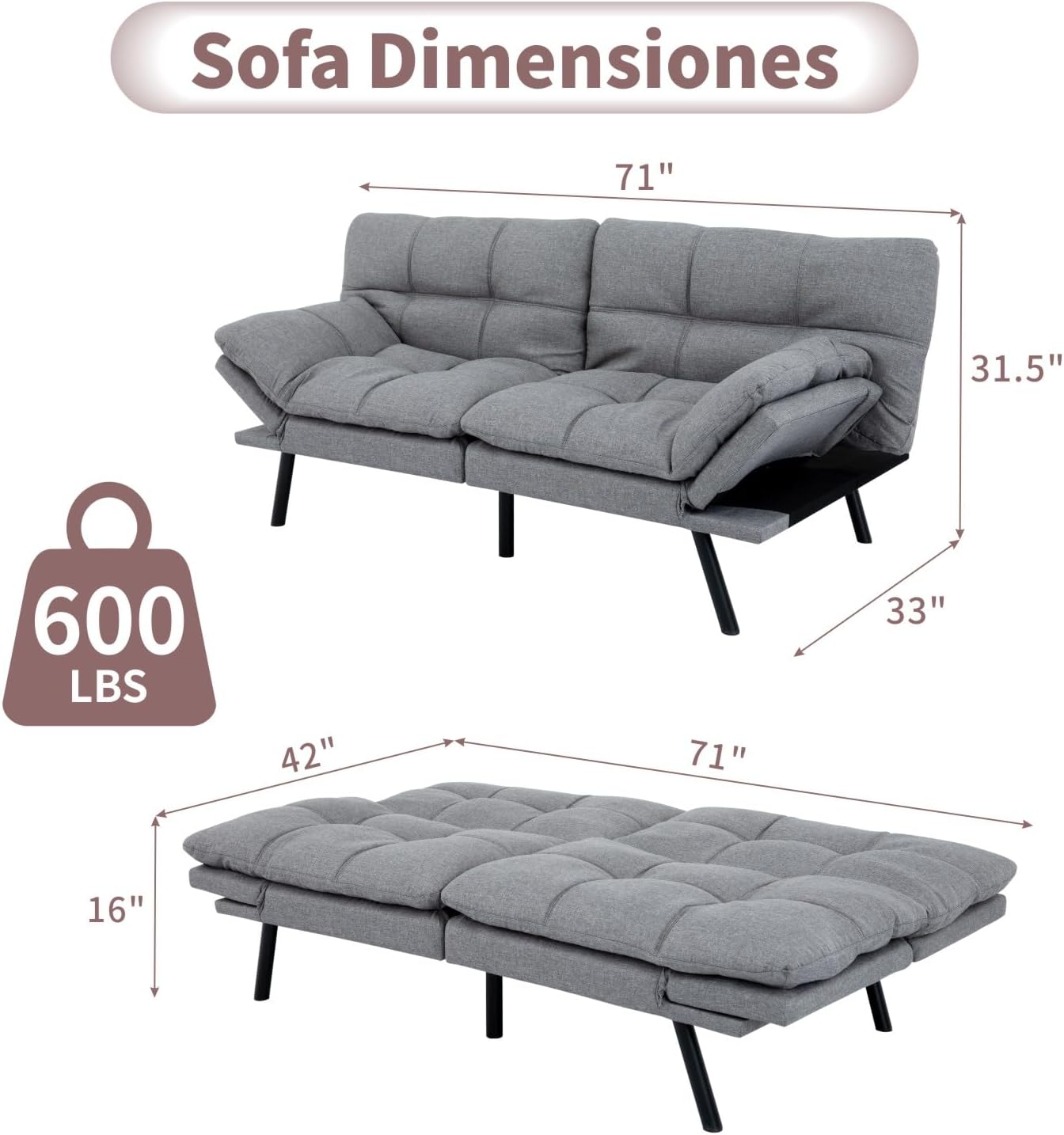 Opoiar 71-Inch Adjustable Futon Sofa Bed, Convertible Sleeper Couch with Split-Back Design for Personalized Comfort, Modern Loveseat Futon for Living Room & Small Spaces, Linen, Ash Gray