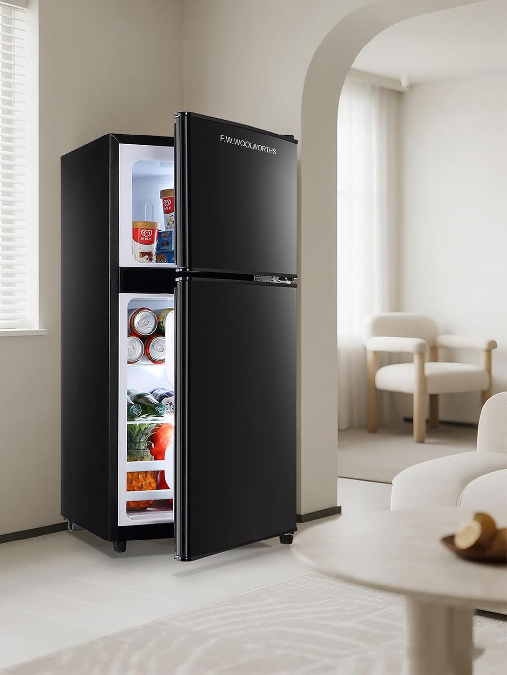 F.W.WOOLWORTHS 3.5 Cu.Ft Refrigerator with Freezer, 2-Door Fridge, Adjustable Thermostat, for Dorm, Office, Bedroom, RV, Black