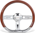 14 inch Wood D-shaped Universal steering wheel, 6 Bolt 3 Spokes Chrome-Plated aluminum alloy,50mm Deep Dish with horn Fit for Vintage,for Racing,for boat for Classic car steering wheel