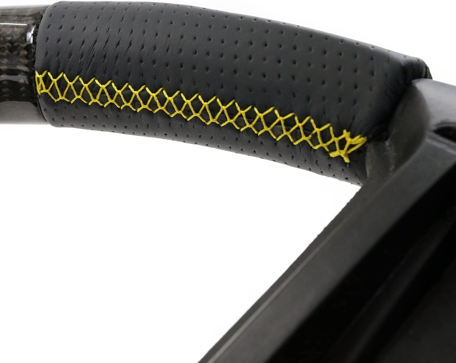 IKON MOTORSPORTS, Steering Wheel Compatible with 2010-2014 Ford Mustang, Steering Wheel Bodykit Replacement Carbon Fiber & Leather Yellow Stitch & Indicator, 2011 2012 2013