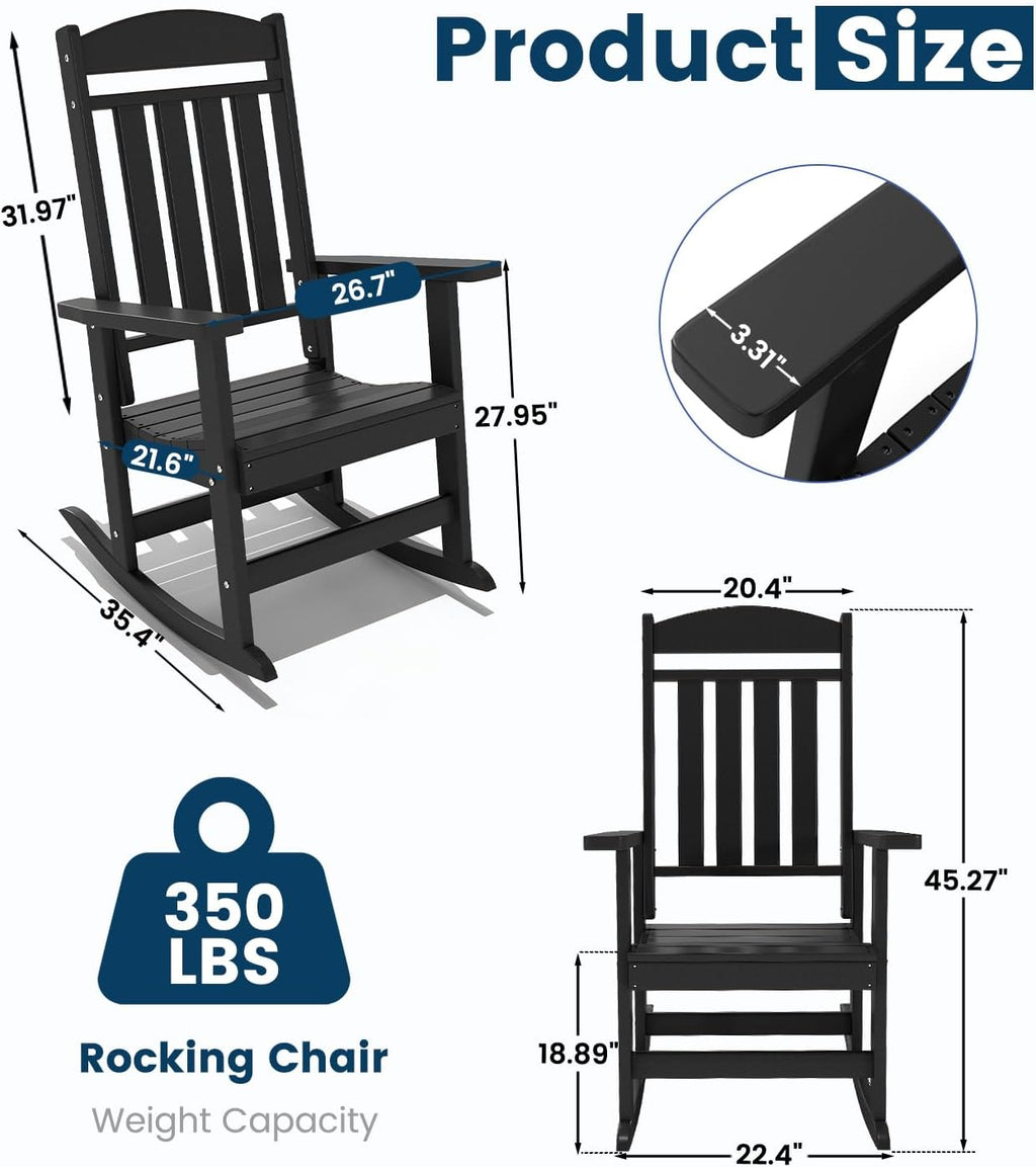 FOOWIN Outdoor Rocking Chair Set of 8, High Back Patio Rocking Chair, HDPE All Weather Resistant Porch Rocker for Adult, Oversized Rocking Chairs for Garden, Lawn, Indoor & Outdoor Use, Black