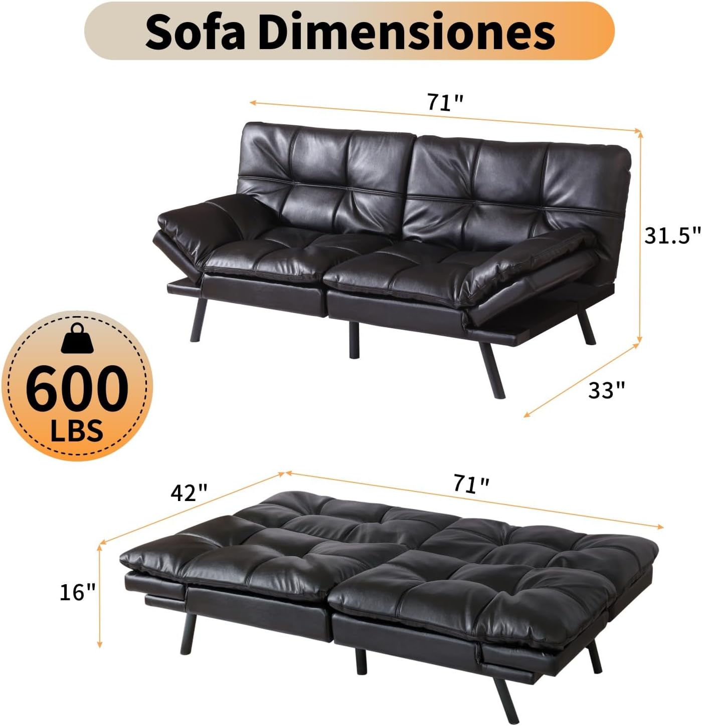 71' Futon Sofa Bed, Modern Convertible Loveseat Sleeper, Faux Leather Couch with Adjustable Back & Arms for Small Spaces, Office & Apartment - Ebony