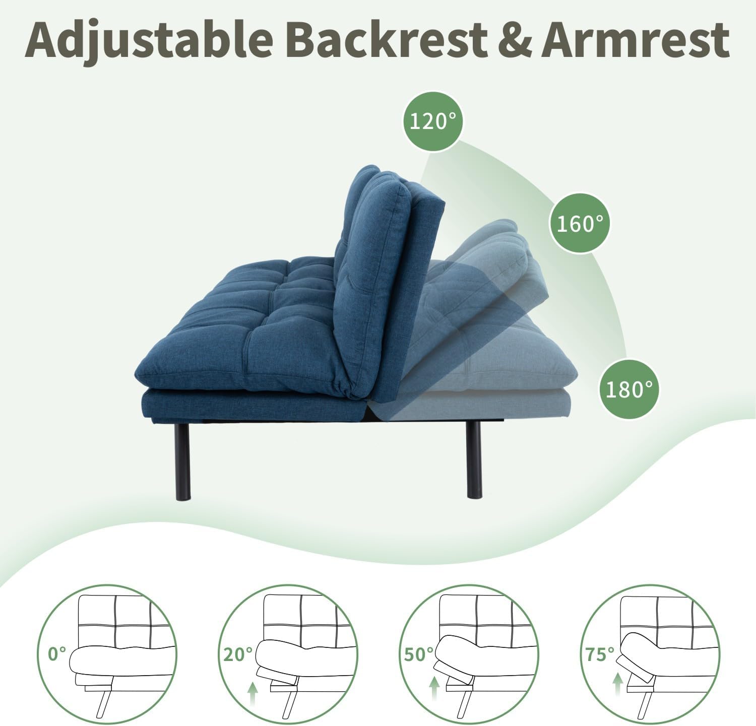 MUUEGM 71-Inch Futon Sofa Bed, Convertible Loveseat Sleeper | Modern Blue Linen Fabric | Adjustable Couch for Living Room & Small Spaces