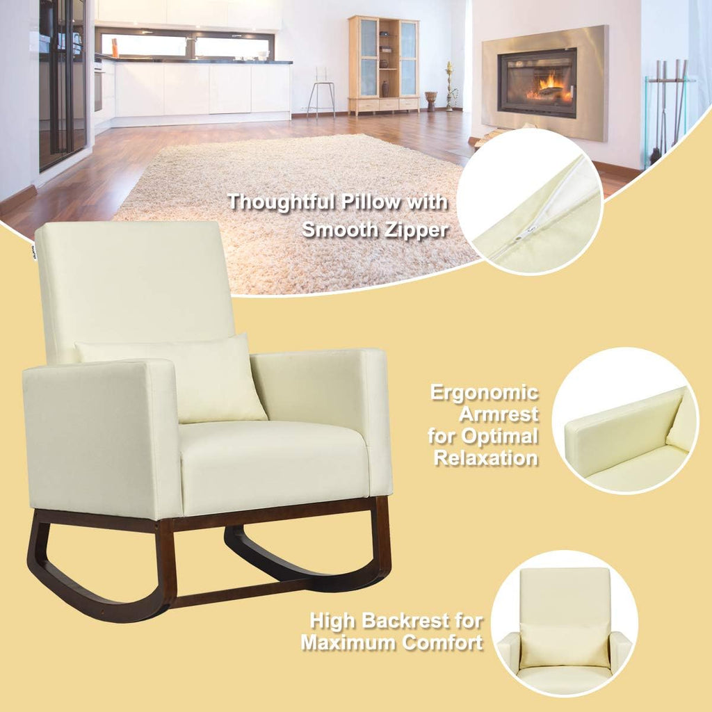 Giantex Set of 2 Rocking Chair Fabric High Back Armchair with Waist Pillow,Wooden Tapered & Rocking Dual Legs Multifunctional Upholstered Accent Chair for Nursery, Living Room, Bedroom Rocker,Beige
