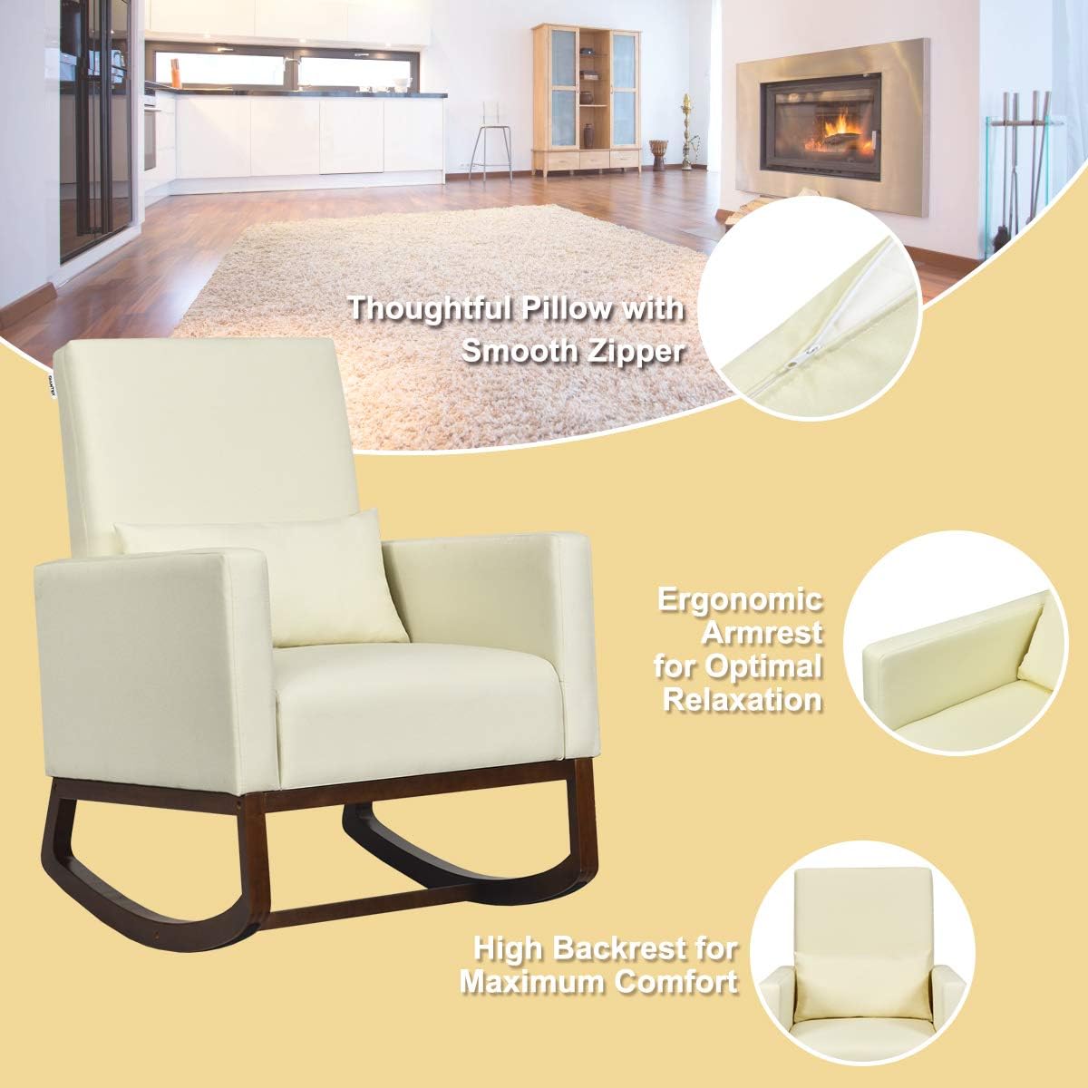 Giantex Set of 2 Rocking Chair Fabric High Back Armchair with Waist Pillow,Wooden Tapered & Rocking Dual Legs Multifunctional Upholstered Accent Chair for Nursery, Living Room, Bedroom Rocker,Beige