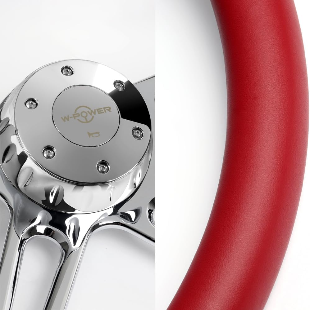 18' Universal 457mm 5 Bolt Hole 2 Inches Deep, Vintage Style Leather Grip Steering Wheel with Hub Adapter Compatible with T04 Kenworth, Peterbilt All Models (Red Leather Grip)