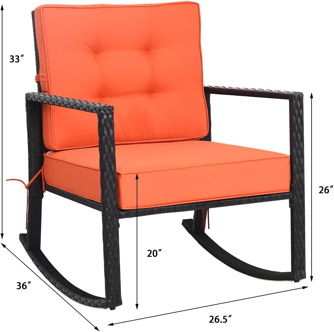 Tangkula Wicker Rocking Chair, Outdoor Glider Rattan Rocker Chair with Heavy-Duty Steel Frame, Patio Wicker Furniture Seat with 5' Thick Cushion for Garden, Porch, Backyard, Poolside (2, Orange)