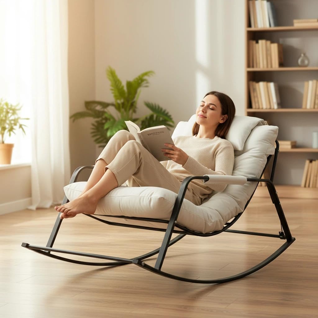 Oversized Padded Rocking Chair with Cushioned Seat, Ergonomic Design, Durable Metal Frame, for Indoor and Outdoor, Living Room, Bedroom, Porch, Patio, Garden