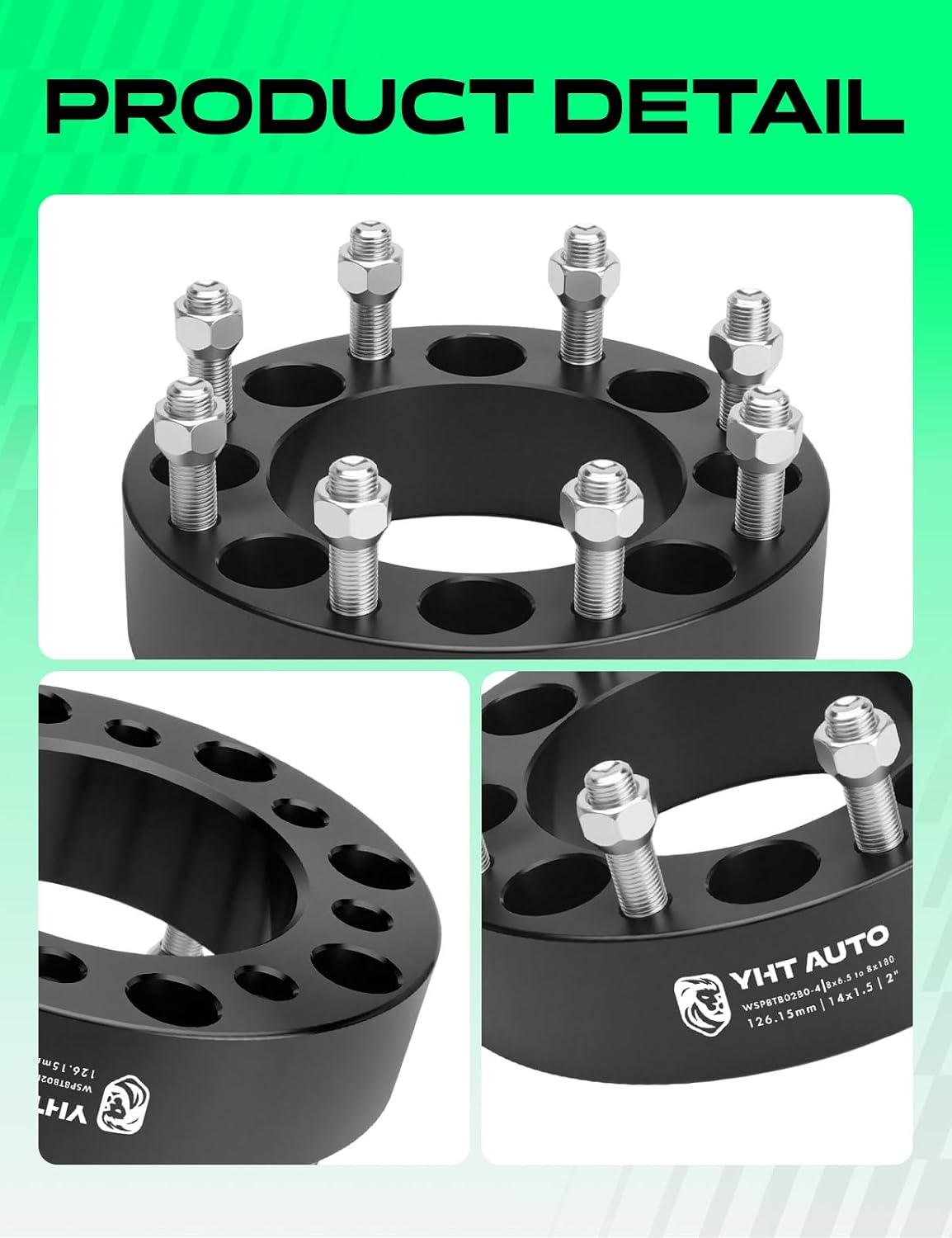 YHTAUTO 8x6.5 inch to 8x180 mm Wheel Adapters 2 inch Compatible with Chevrolet, GMC Models, Wheel Tire Adapters w/ M14x1.5 & 12.9 Grade Studs, 126.15 mm Center Bore 8 Lug 4PCS Black